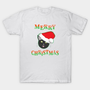 Merry Christmas Smiling Cat Wearing a Santa Claus Hat (White Background) T-Shirt